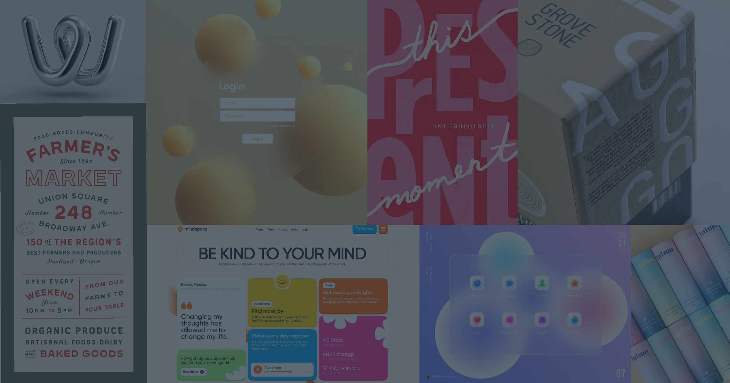 Collage showcasing modern graphic design trends, including 3D typography and abstract shapes, minimalist login interface with spherical elements, bold retro-style text, eco-friendly packaging with large typography, vintage farmers market poster with detailed layout, a mental wellness app interface featuring vibrant cards, a futuristic user interface with gradient bubbles, and pastel-toned cylindrical product packaging.