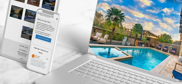 A laptop and smartphone show a website featuring a luxurious backyard pool surrounded by a patio, palm trees, and lounge chairs. The screen displays a vibrant sky with clouds, emphasizing outdoor leisure.