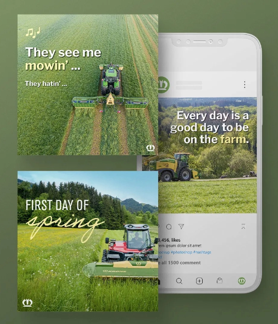 Two images of tractors mowing grass on a farm are displayed on a smartphone screen. Text reads: They see me mowin... They hatin and Every day is a good day to be on the farm. Another image says First day of spring with a tractor in a field.