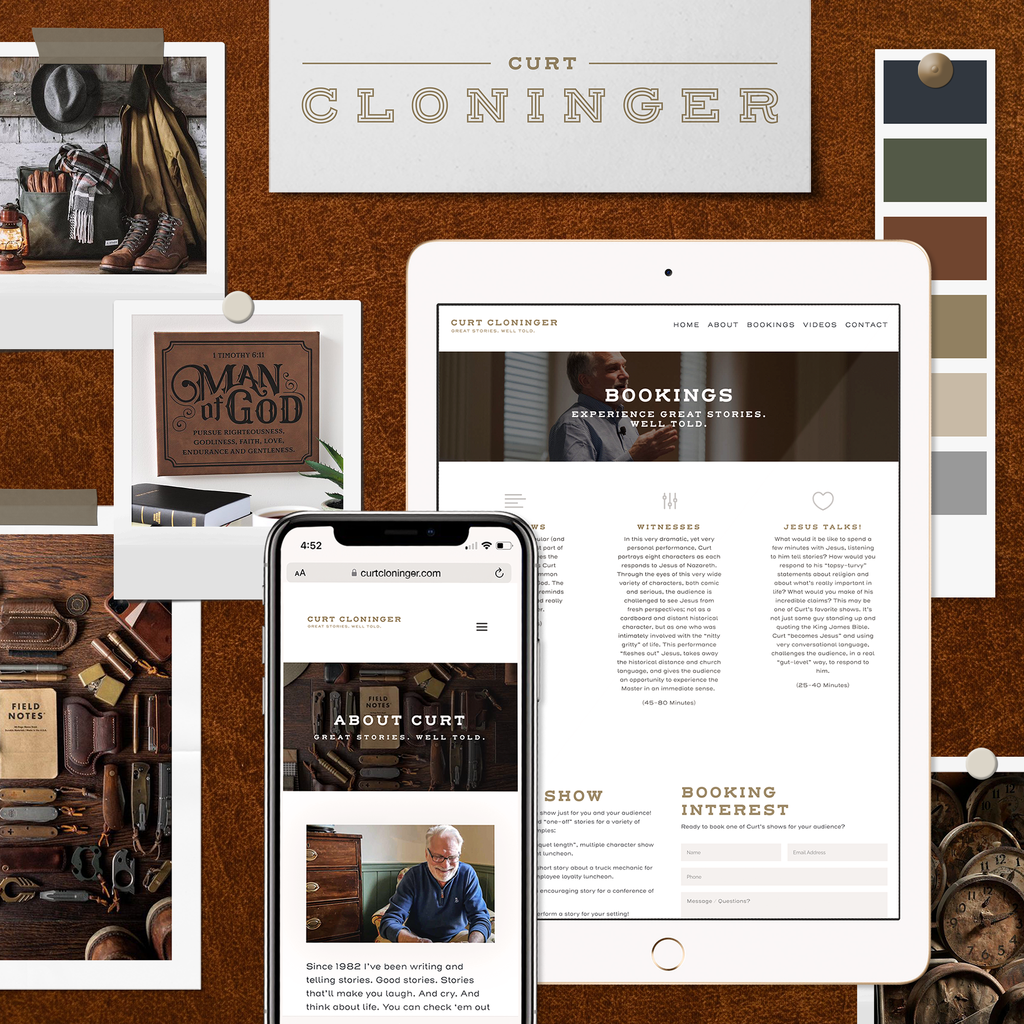 A collage featuring a smartphone and tablet displaying a website, surrounded by rustic-themed images like old books, tools, and color swatches. The site header reads Curt Cloninger, with sections for bookings and about information.