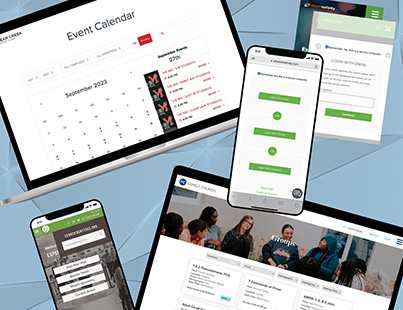 A collage of various digital interfaces displayed on smartphones and laptops, including an event calendar, login screens, and a group discussion image. The screens feature different layouts and designs, showcasing interactive and informational elements.