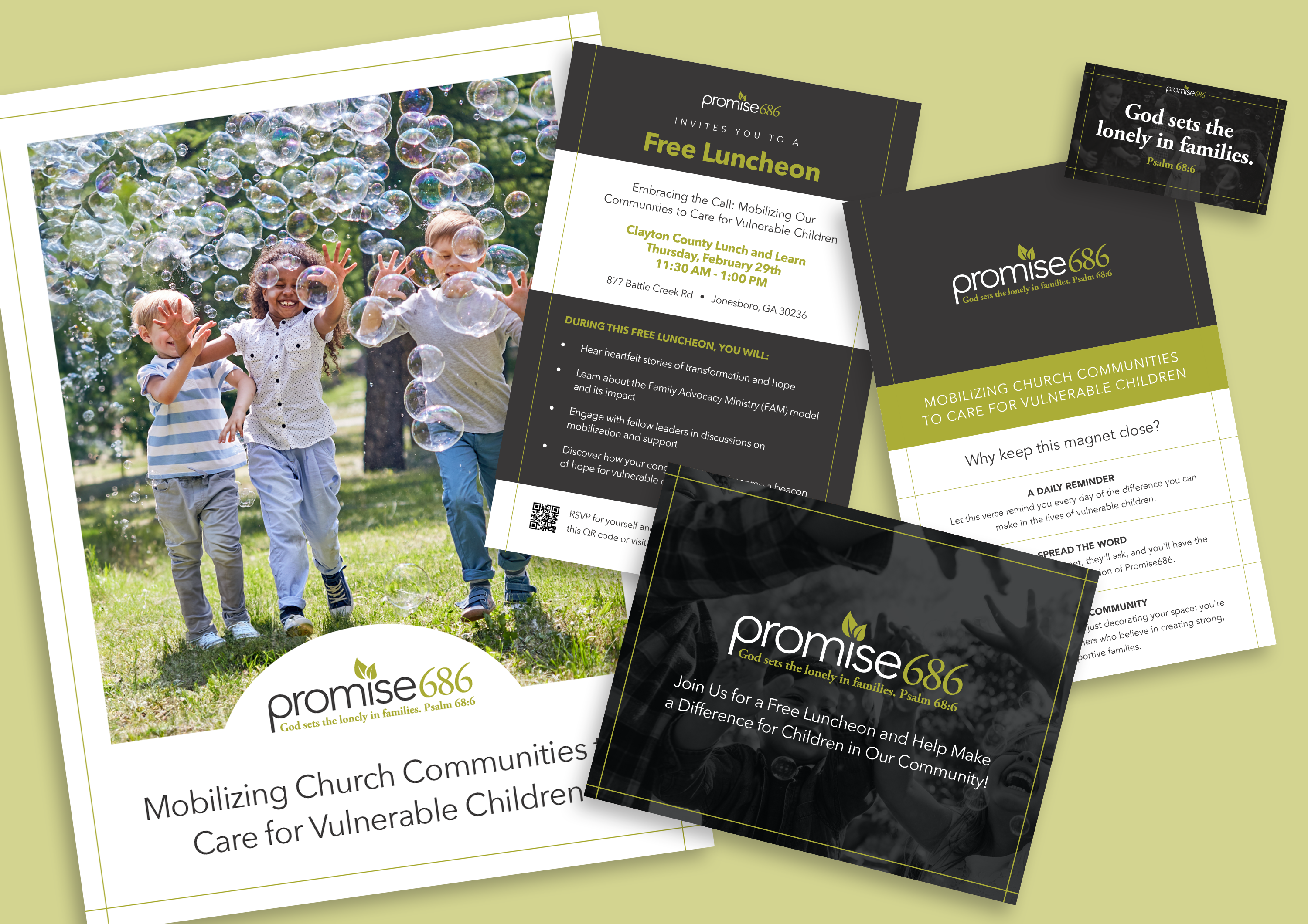 A promotional image for Promise686 featuring children playing with bubbles, invitation cards, and text about mobilizing church communities to care for vulnerable children. Includes details about a free luncheon event and a quote on loneliness and families.