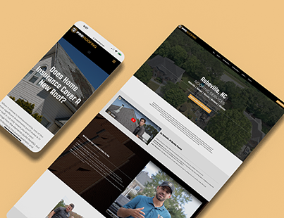 A smartphone and tablet display a roofing companys website. The smartphone shows an article titled Does Home Insurance Cover A New Roof?. The tablet shows the homepage with images of people and houses. Both screens are on a beige background.