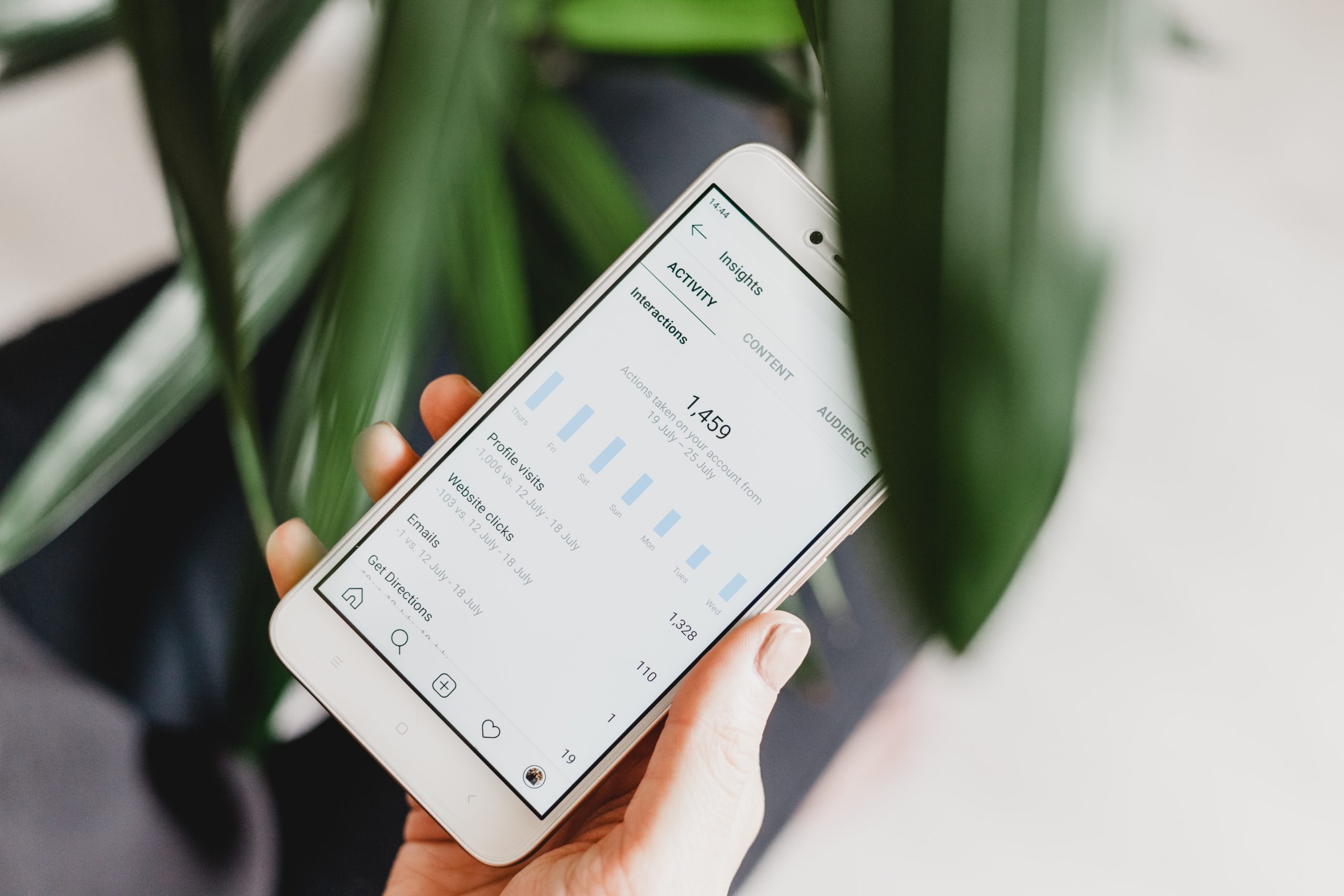 A person holds a smartphone displaying a social media analytics screen, revealing bar graphs and numerical data for leveling up your social media content. The phone is partly obscured by green leaves in the foreground.