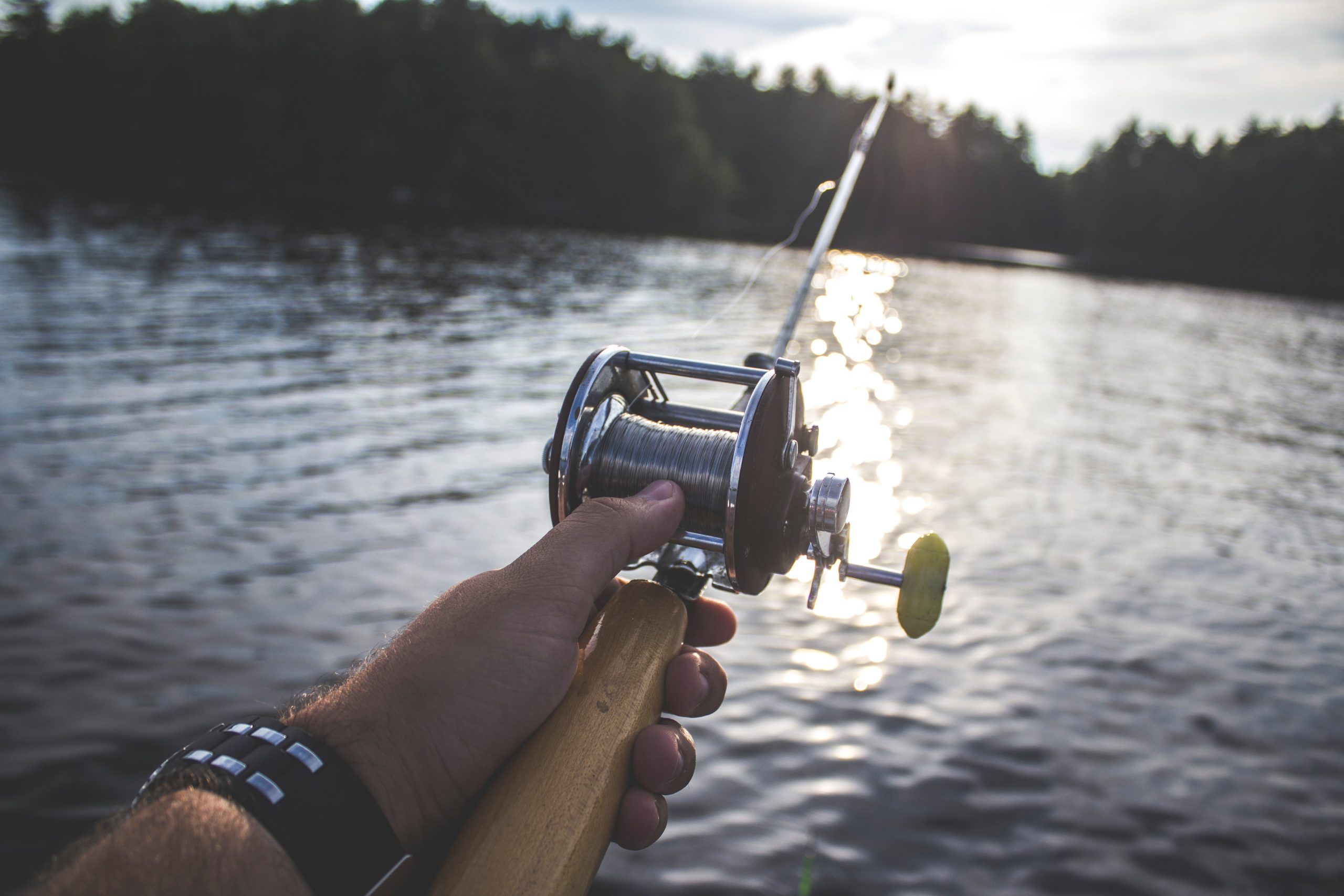 A person holding a fishing rod over a calm lake, like crafting a social media strategy with precision. The sun glistens on the water, trees line the horizon, and the reel is in focus. The scene is serene, echoing the tranquility of a well-planned day of fishing.