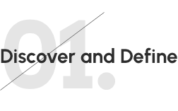 Text reading 01. Discover and Define with a diagonal slash through the numbers. The numbers are large and in light gray, while the accompanying text is smaller and in black.