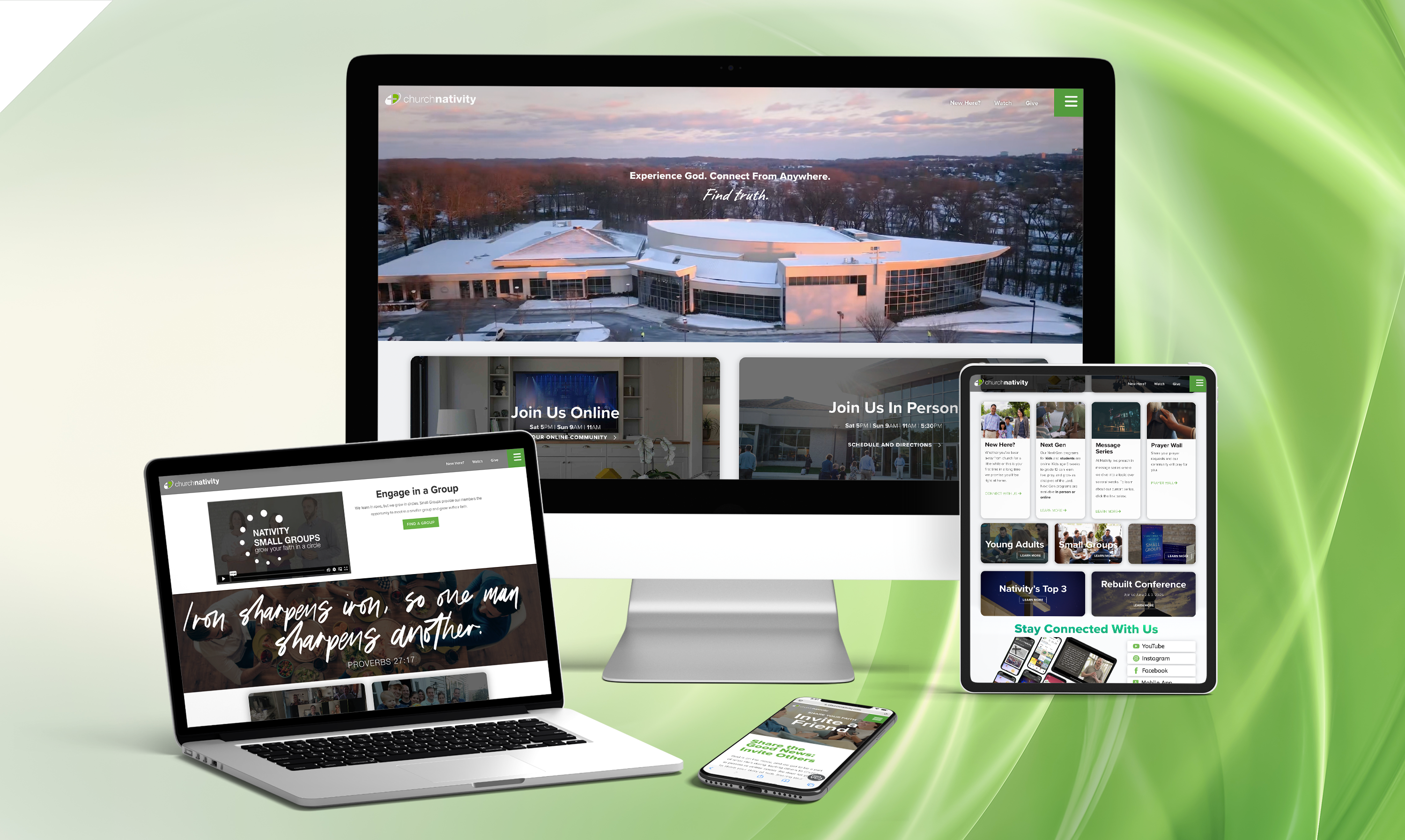 A desktop computer, laptop, tablet, and smartphone display a churchs website and mobile app. The screens show images of the church, service options, and connection opportunities, set against a green abstract background.