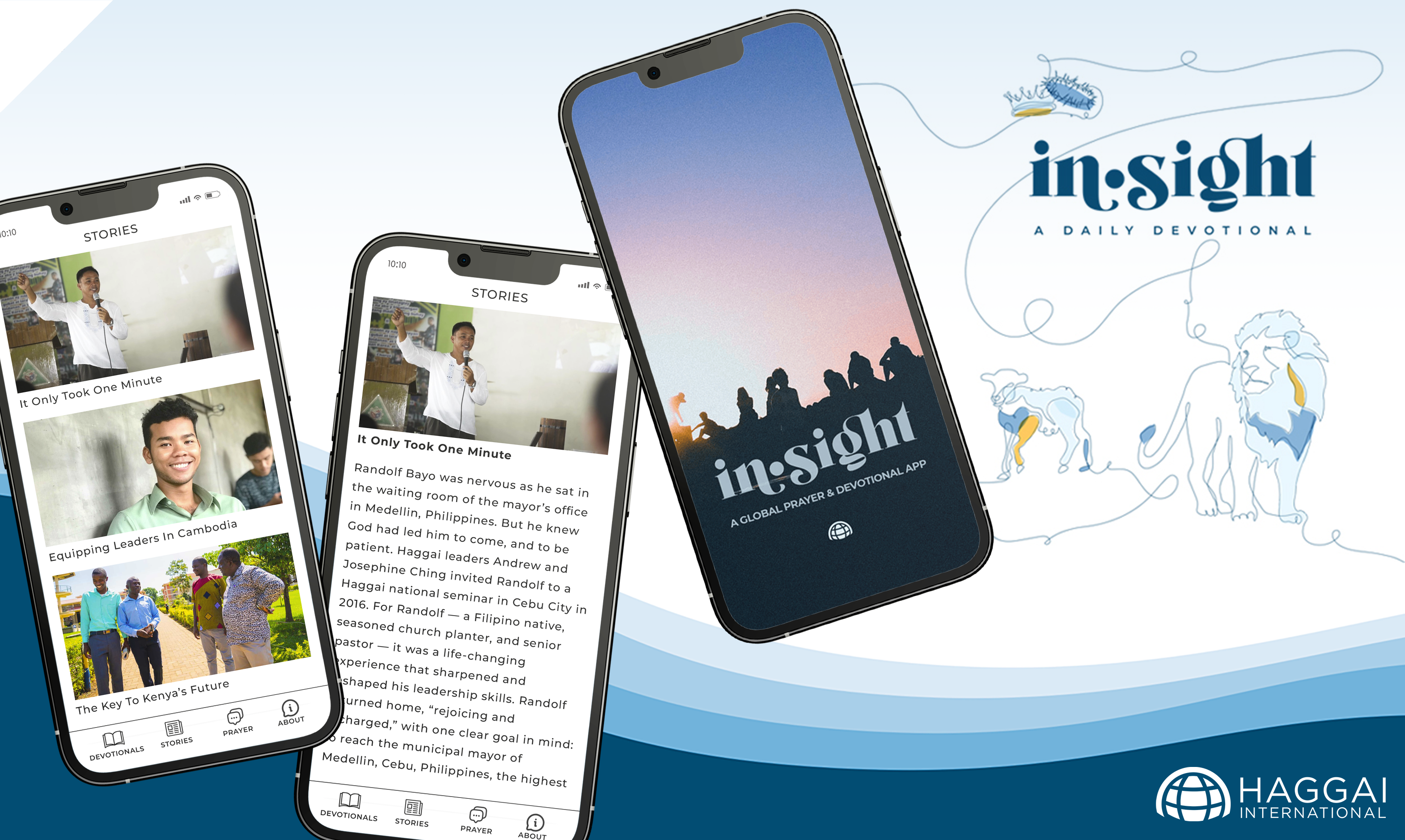 Multiple smartphone screens displaying the In:sight devotional app, featuring stories and images of people. The background includes illustrations of animals and a sun. Haggai International logo is present.