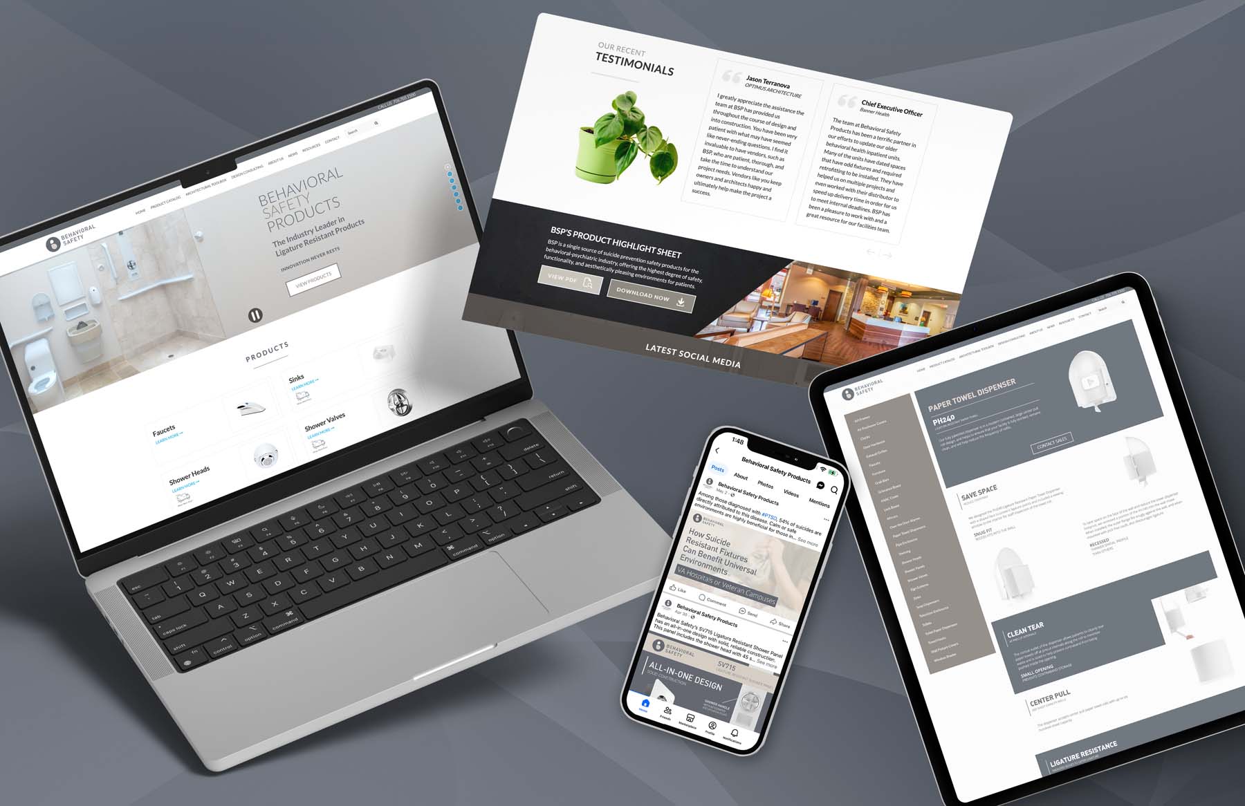 A laptop, smartphone, and tablet display different pages of a website showcasing products and testimonials. The website features a clean, modern design with neutral colors and product images. Background is a subtle, wavy grey pattern.